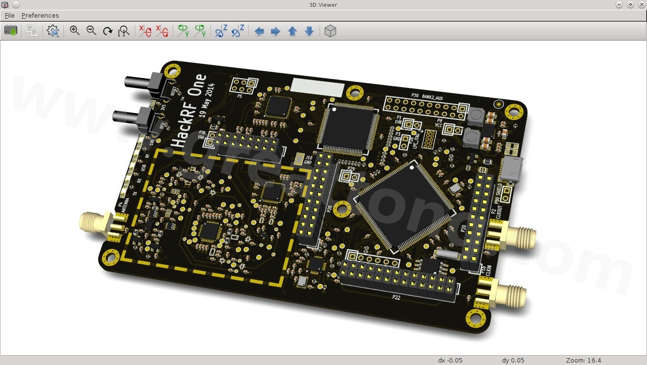 經(jīng)KiCad軟體3D功能渲染過的HackRF One電路板。